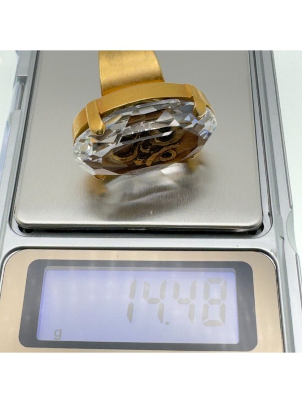 Gold-Tone Om Symbol Crystal Statement Ring Size 7-8 Adjustable 14.48g - Picture 6 of 9